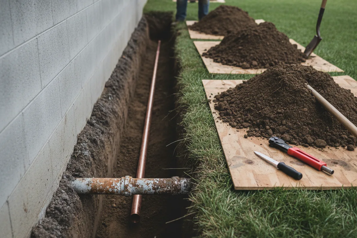 Excavated water line trench during Water Heater Repair in Lenexa